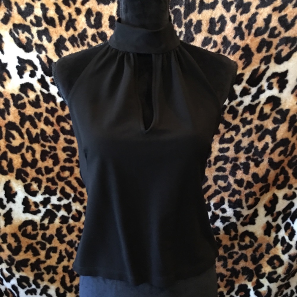 Blk high neck halter cut out in front